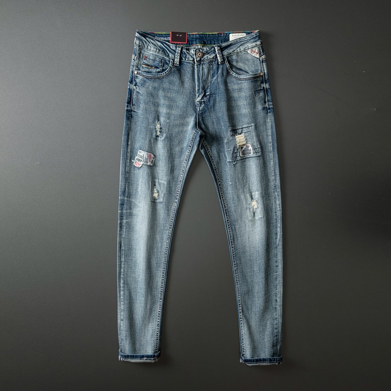

99% Cotton Spring and Autumn with Holes MEN'S Jeans Wrinkles Elasticity Skinny Pants Loose Young MEN'S Korean-style Jeans Male, M009