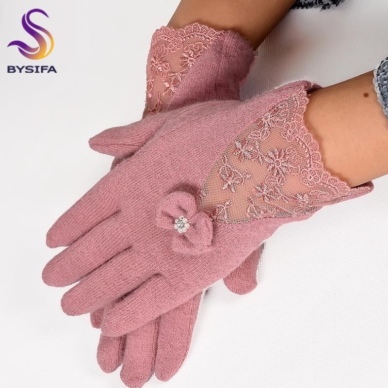 

Women Lace Embroidered Wool Gloves New Winter Thick Ladies Bow-knot Ladies Gloves Grey And Pink Elegant Soft Mittens