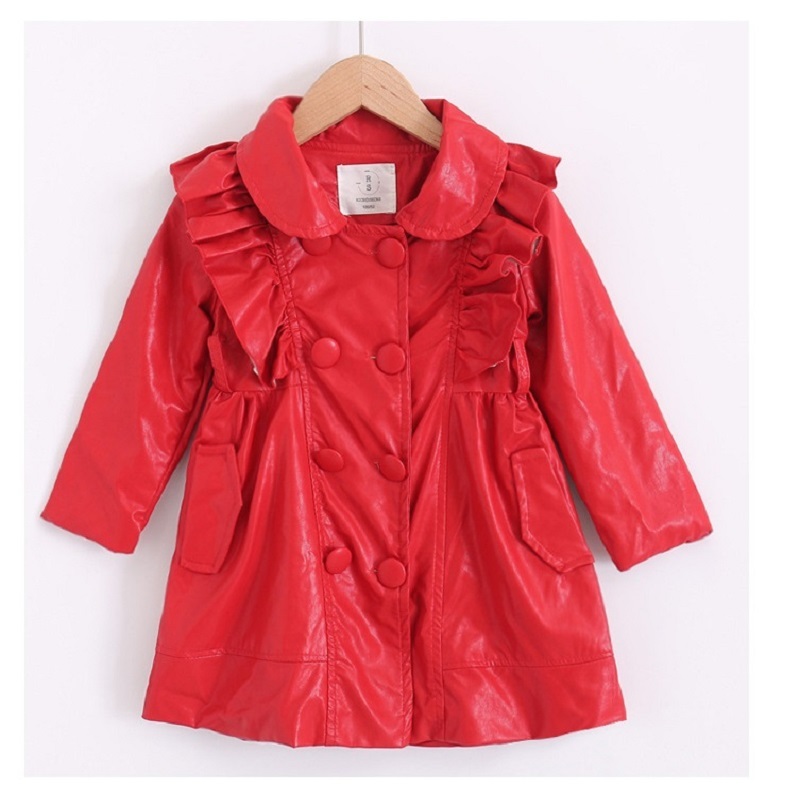 

Fashion Autumn Winter Girl Kids Baby Outwear Leather Coat Clothes Leather trench coat red black jacket 3-12yrs wear, As picture