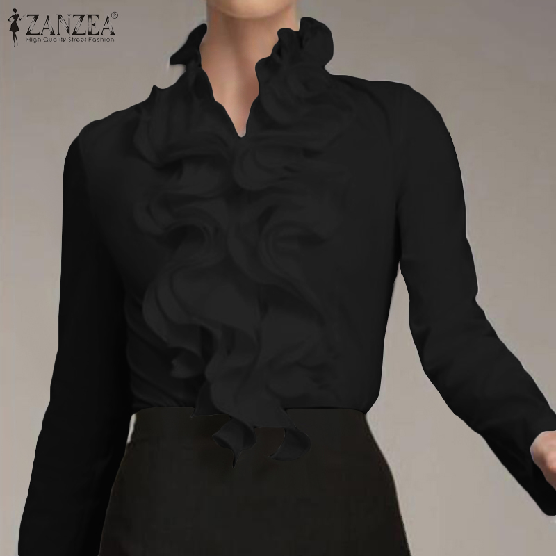 

Women' Blouses & Shirts Fashion Ruffle Flounce Blouse ZANZEA 2021 Casual Long Sleeve Tops Female Solid Work Blusas Plus Size Tunic, Black