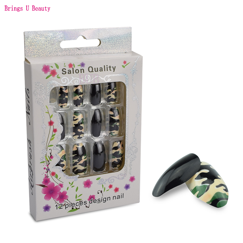 

12pcs/pack Camouflage Airbrush Nails Designed Nail Fake Nail Art False Nails with Adhesive Sticker Full Cover Medium Length, Camouflage nails