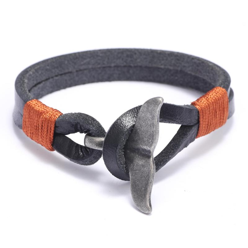 

2020 Punk Jewelry vintage Bracelets & Bangles silver plated Alloy Blue Brown Black Whale tail Genuine leather Men Bracelet