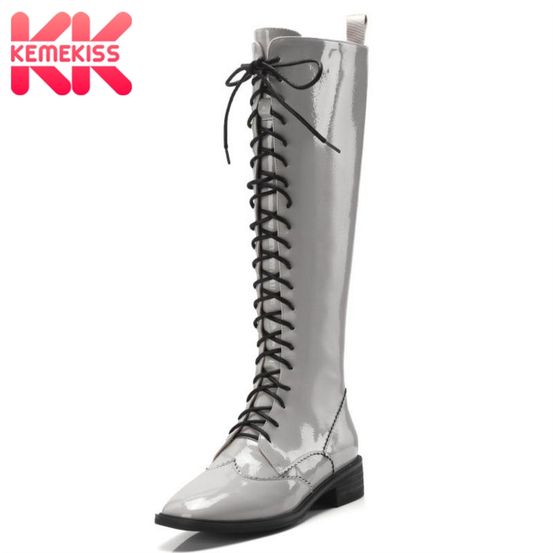 

KemeKiss New Women Gladiator Flats Boots Fashion Zipper Winter Shoes Women Knee High Boots Lace Up Designer Shoes Size 34-39, Black