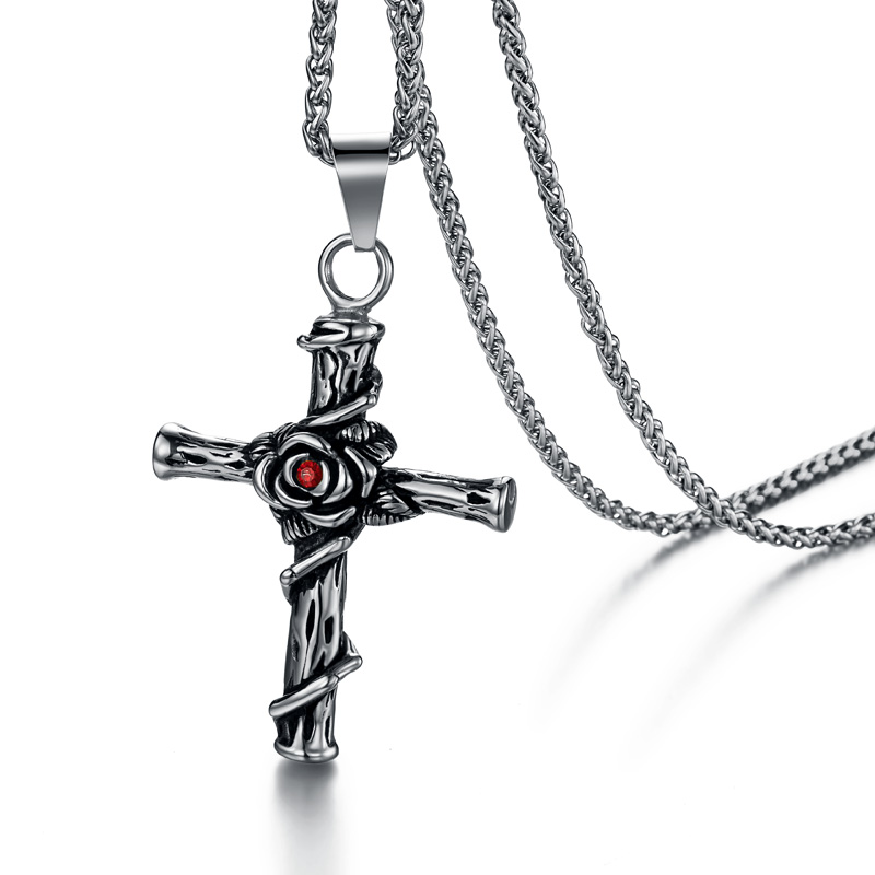 

Valily Silver Color Cross Pendants&Necklaces Punk Stainless Steel Rose Flower Cross Necklaces for Men Metal Fashion Jewelry Gift