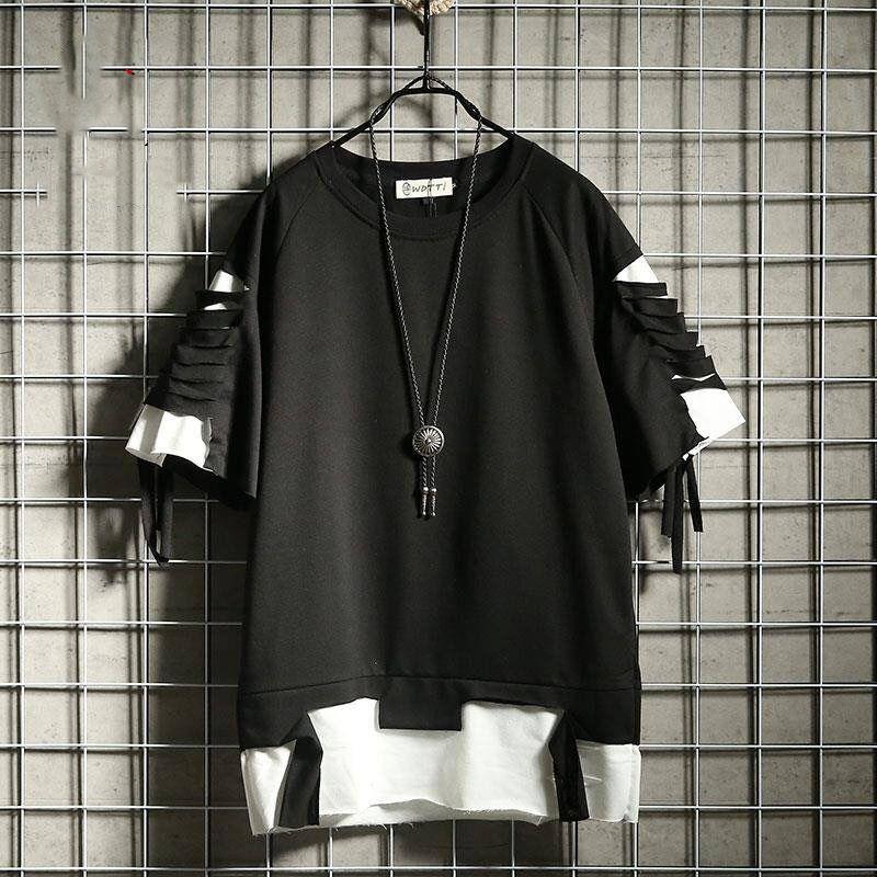 

2020 Oversized T Shirt Streetwear Ripped Hole Vintage Hip Hop T Shirt False two Loose Short sleeve Summer