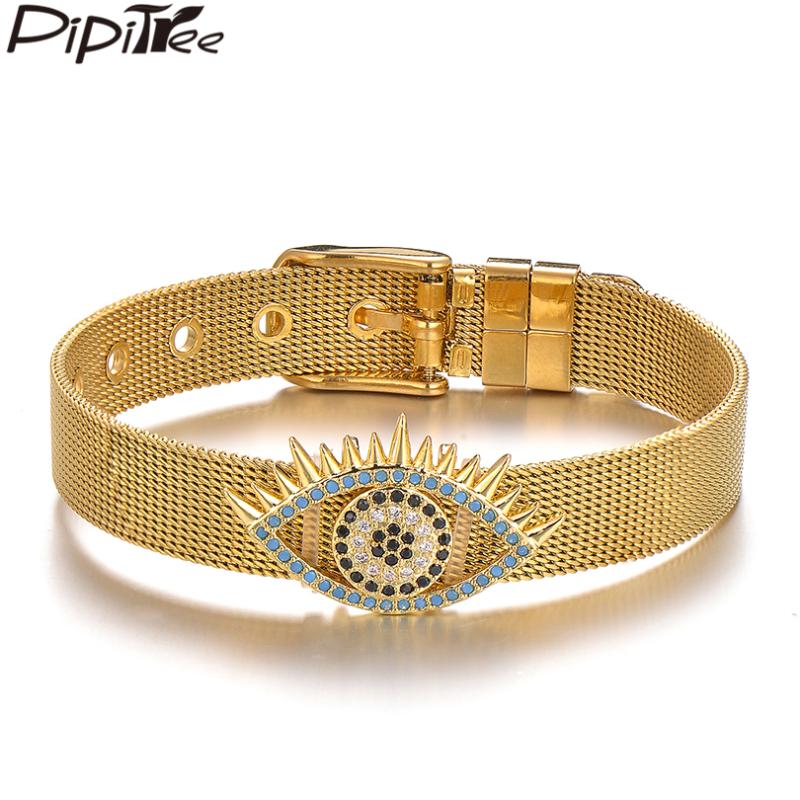

Pipitree Fashion Bule CZ Zircon Evil Eye Charm Bracelet Stainless Steel Bracelets & Bangles for Women Mesh Buckle Wrist Jewelry
