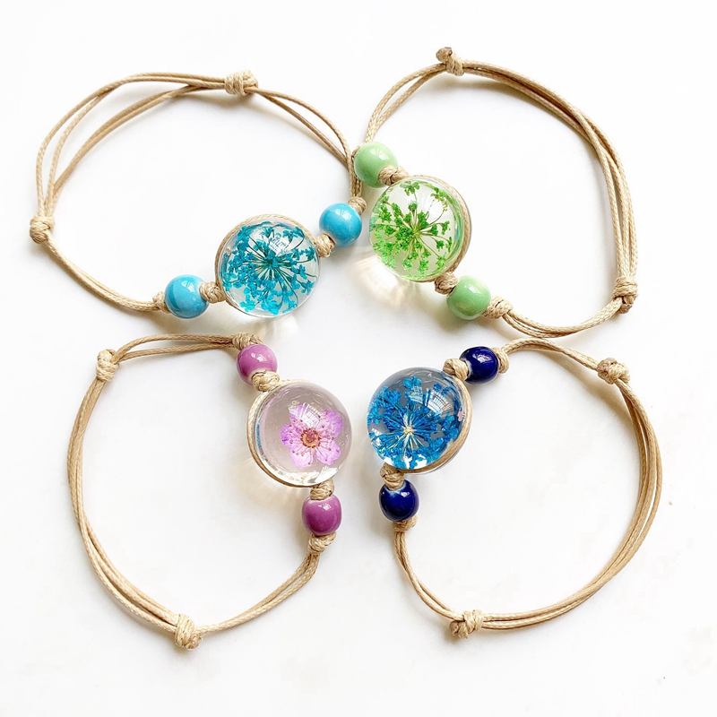 

Dried Flower Plant Specimen Bracelets Peach Blossom Gypsophila Glass Ball Cord Bracelet Adjustable Men Women