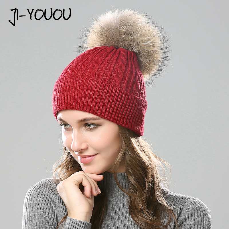 

JIYOUOU hat with pompom fur hat pompom gorros de lana winter beanie raccoon fur ball A cap Thicker Women's cap, 02b