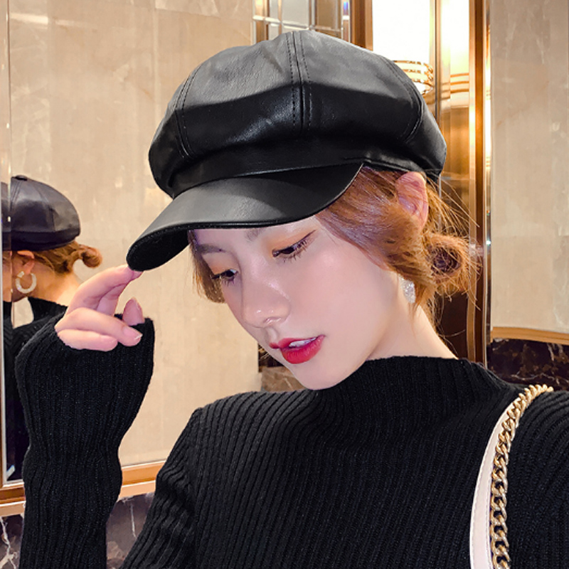 

Autumn and winter ladies hats solid color octagonal newsboy hat men and women casual pu hat winter beret ladies painter, Pu04