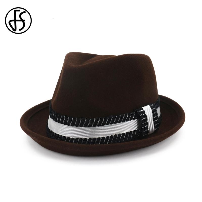 

FS Brown Wool Hat Felt Fedora Winter Hats For Women Elegant Men Gentleman Round Top Cap Vintage Royal Hat With Square Knot, Red fedora hat