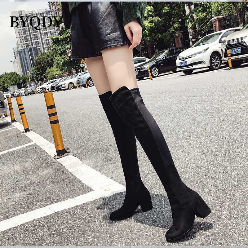 

BYQDY Thigh High Boots For Women Platform Fetish Shoes Lady Chunky Heels Over The Knee Boots Red Black Flock Winter Long, Black shoes