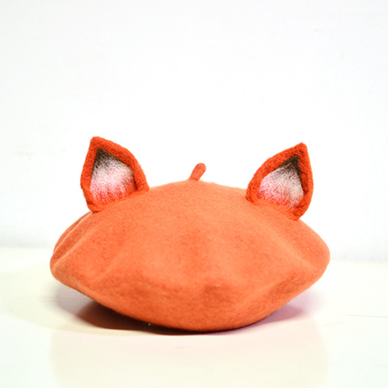 

2020 New Retro Women's Cute Ear Beret Caps Wool Blend Casual Warm Painter Hat Handmade Nick Cat Ear Beret Hat Hot Gift BLM33, Orange