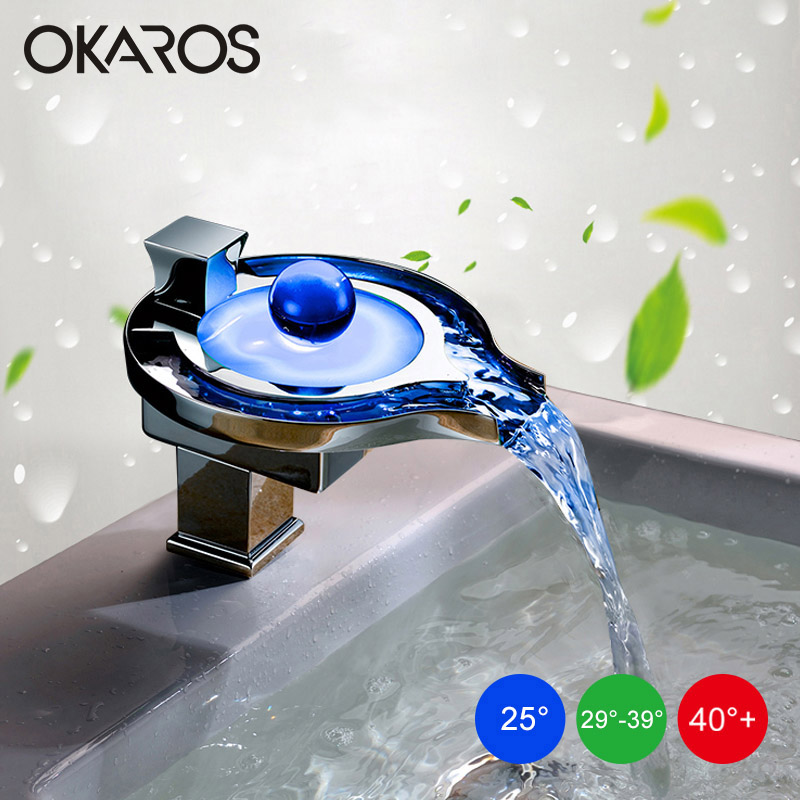 

OKAROS LED Faucet LED Bathroom Basin Faucet Brass Chrome Finished Waterfall Taps Water Power Basin Tap Mixer Torneira