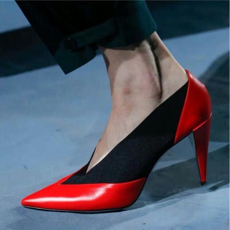 

Spring Autumn Mixed Leather High Heel Shoes Patchwork Deep V Style Pointed Toe Shallow Dress Shoes Low Cut Banquet Party, As picture
