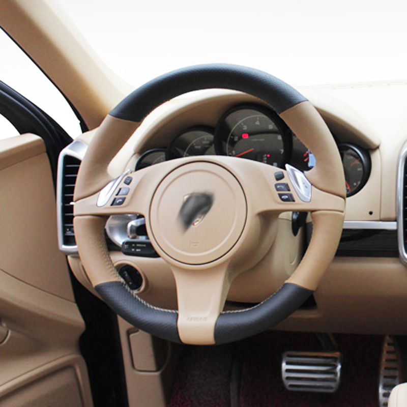 Brown & Black Hole Leather Brown Thread Steering Wheel Hand Sewing Wrap Cover Fit For Porsche Cayenne / Panamera 2010-2011 car accessories-image-587627127