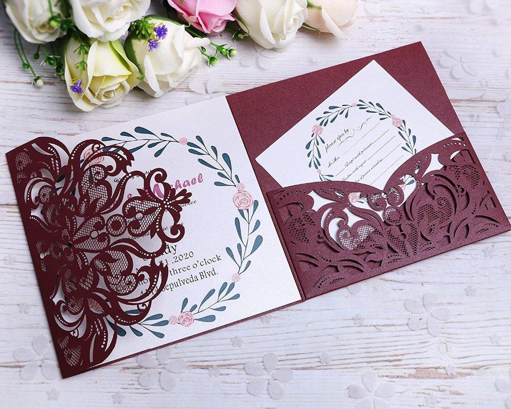 

PONATIA 3 Folds Invitation Cards for Wedding Birthday Engagement Greeting Invitations Cards+ Free RSVP Cards (Burgundy