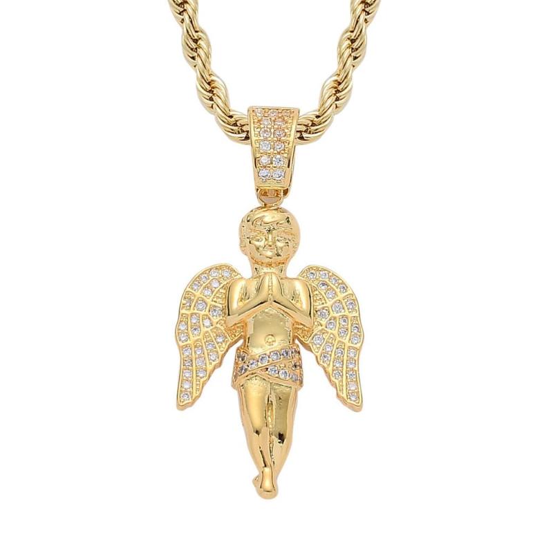 

HipHop Micro Pave Cubic Zirconia Bling Iced Out Angel for Men Women Gold Color Pendant Necklaces Love'sblessing Jewelry Gift