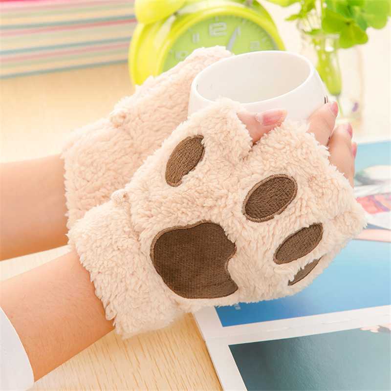 

Woman Gloves Winter Warm Fluffy Bear/Cat Plush /Claw Glove-Novelty Valentine's Day Gift Lovely Lady's Half Covered Mittens
