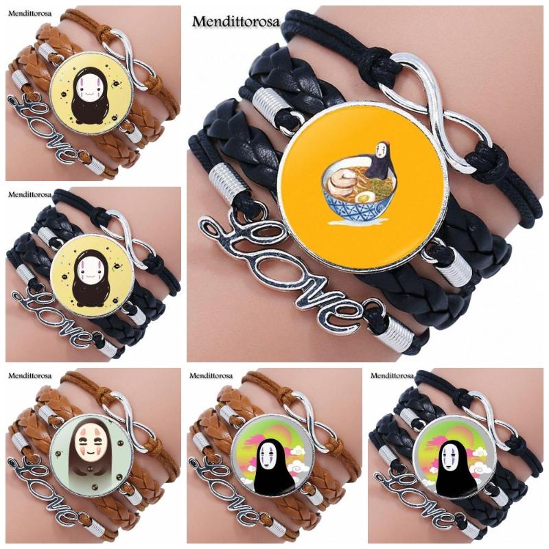 

EJ Glaze No Face Fashion Ladies Multilayer Black/Brown Leather Bracelet Bangle Jewelry Glass Cabochon For Girls Gifts