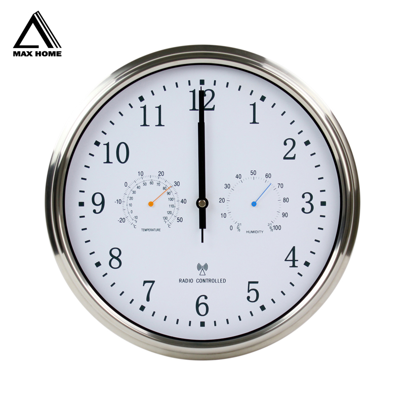 

MAX HOME 12inch Clock Automatic Time Adjustment Scanning Radio Controlled Clock Temperature Hygrometer Wall Quiet Design