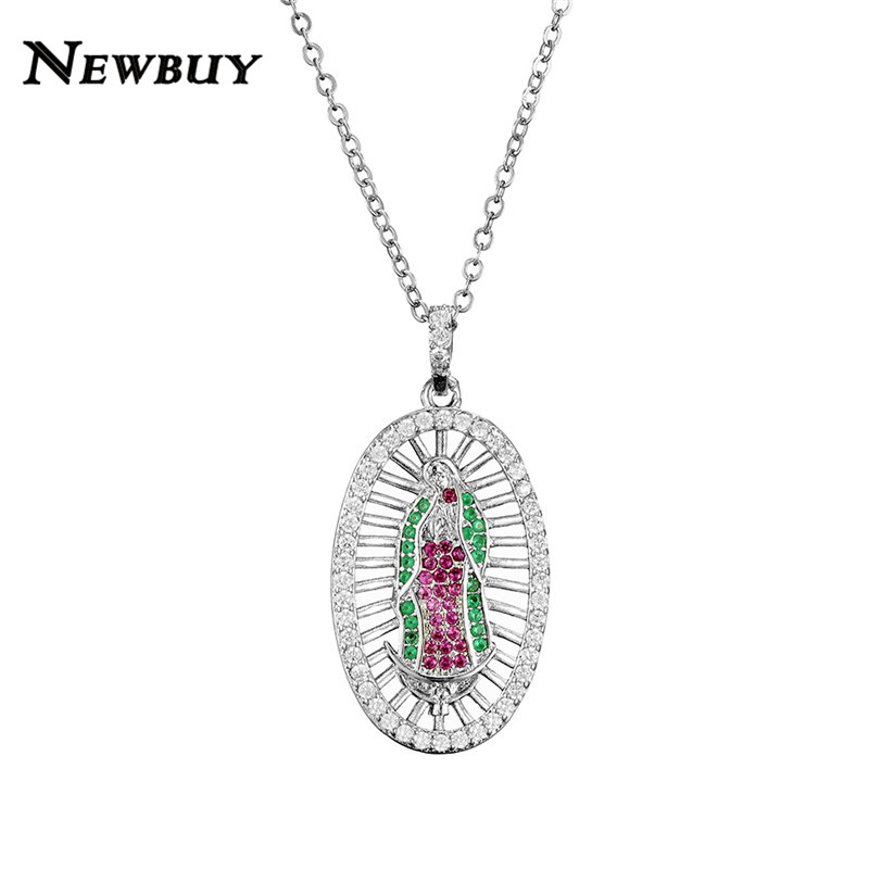 

cmoonry Fashion Colourful Clear Cubic Zirconia Pave Setting Jewelry Christian Blessed Virgin Mary Pendant Necklace