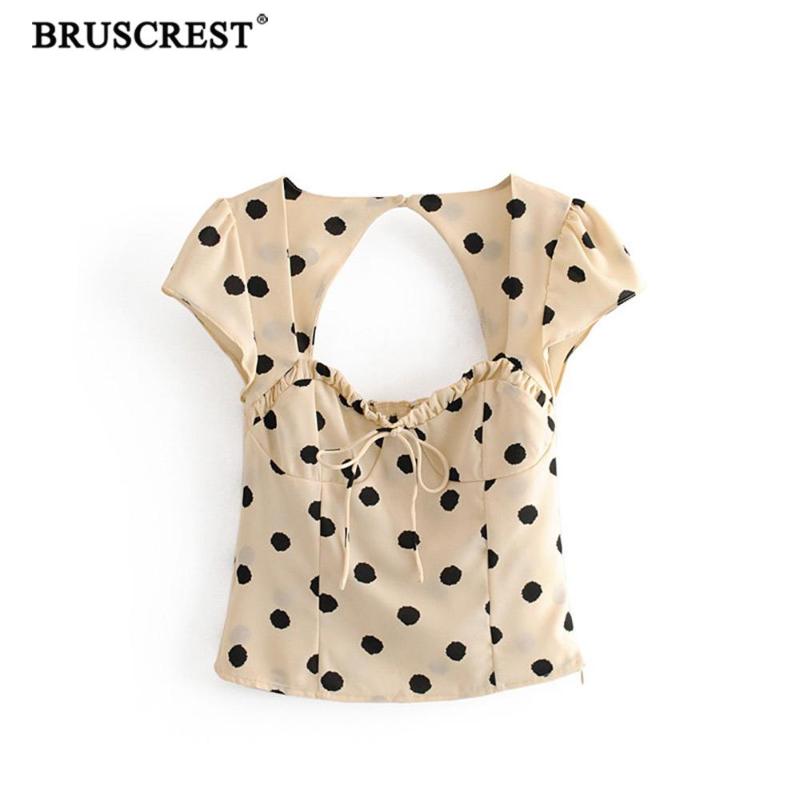 

Vintage polka dot blouse women shirt 2020 sexy backless bow short sleeve boho summer blouse korean clothes ladies tops blusas, Beige
