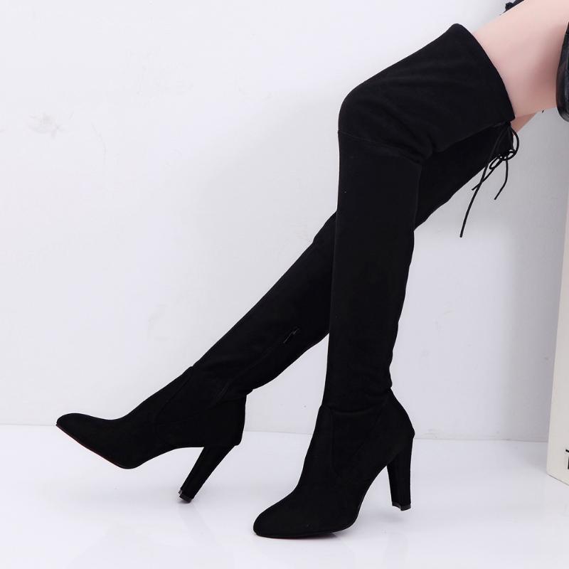 

BONJOMARISA Sexy Girl Over The Knee Boots Flock Zipper Pointed Toe Designer Knee High Boots Women Brand Shoes Woman, Red