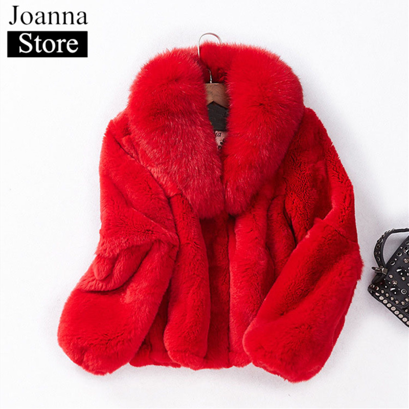 

Faux Fur Women Fur Collar Winter Coat Faux Hair Short Slim Red Warm Jackets Plus Size Fake Thick Ladies Outwear
