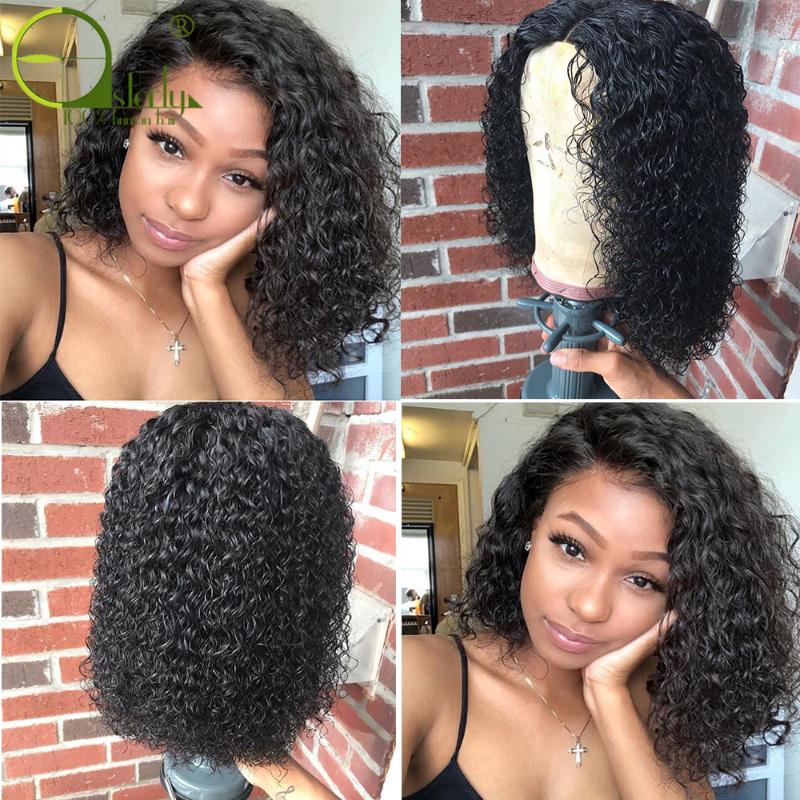 

Sterly Brazilian Water Wave Lace Closure Wig 2"x4" Bob Wig Lace Front Human Hair Wigs Remy Deep Curly Front, Natural color