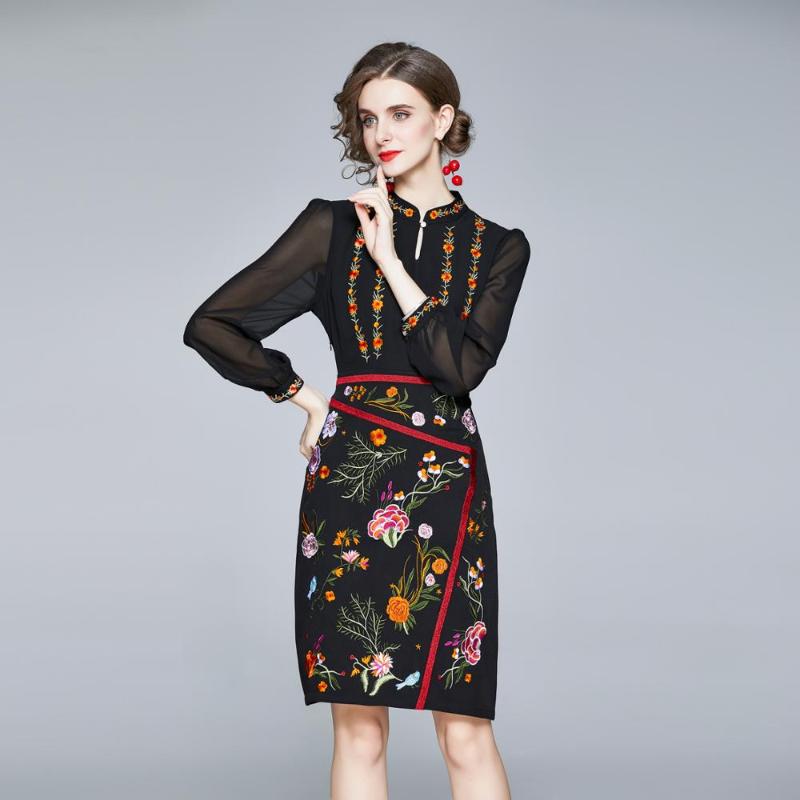 

JSXDHK High Quality Luxury Women Pencil Dress Vintage Autumn Floral Embroidery Chiffon Stand Collar Retro Bodycon Black Dresses
