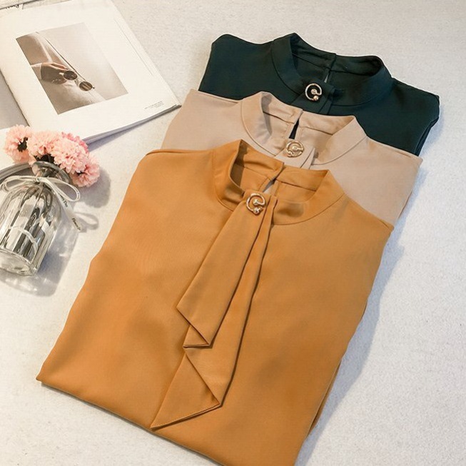 

2020 Spring Women' Cute Front Tie Top Preppy Style Vintage Korean Design Button Elegant Formal Woman Blouses Shirts, Yellow