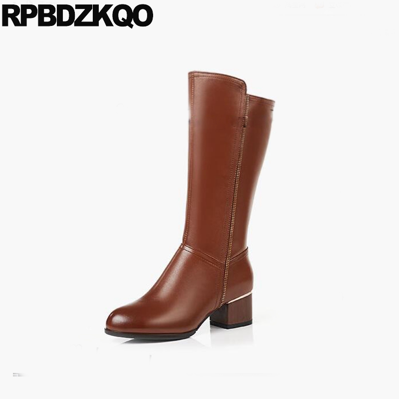 

chunky european mid calf high quality autumn block tall round toe genuine leather brown women boots winter 2020 shoes fall fur, Black