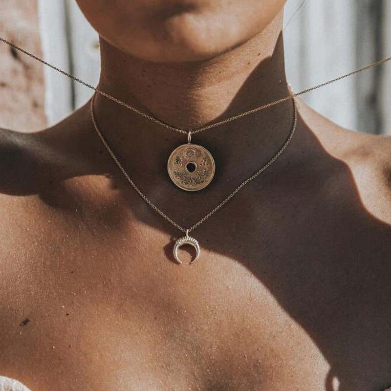 

Bohomian Multilayer Necklace Women Round Coin&Half Moon Pendant Necklace For Women Jewelry