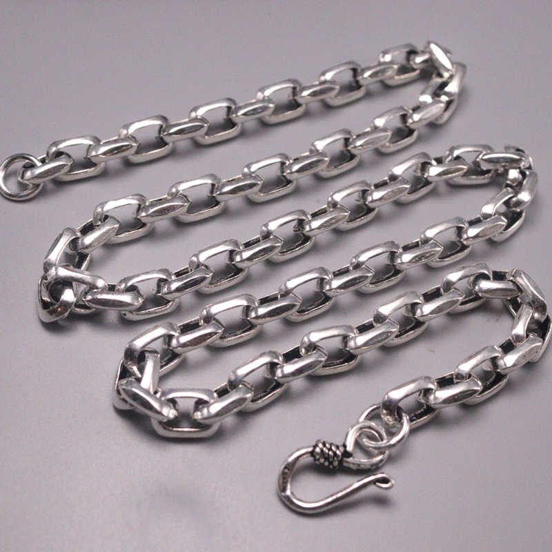 

S925 Sterling Silver Necklace Women Men Luck Square Bead Chain Necklace 8mmW 22inch 67-68g