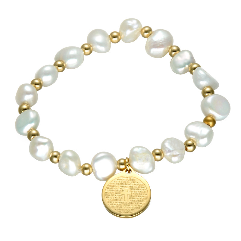 

Stainless Steel Biblical Cross Pendant Beads Bracelet Christian Pearl Bracelet Jewelry