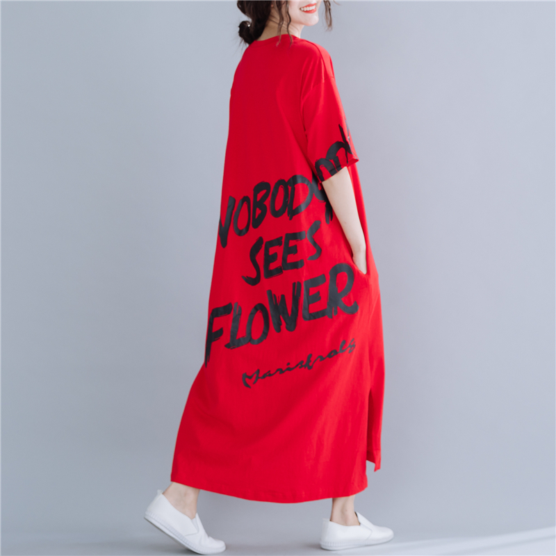 

EWQ] 2020 Spring Summer O-neck Short Sleeve Solid Color Letter Print Pattern Pockets Women Casual Loose Dress AW74003L, Red