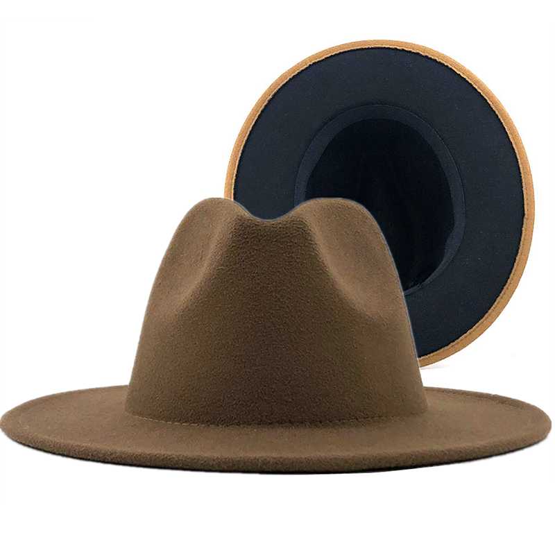 

Simple Unisex Outer khaki Inner Black Wool Felt Jazz Fedora Hats with Men Women Wide Brim Panama Trilby Cap 56-58-60CM