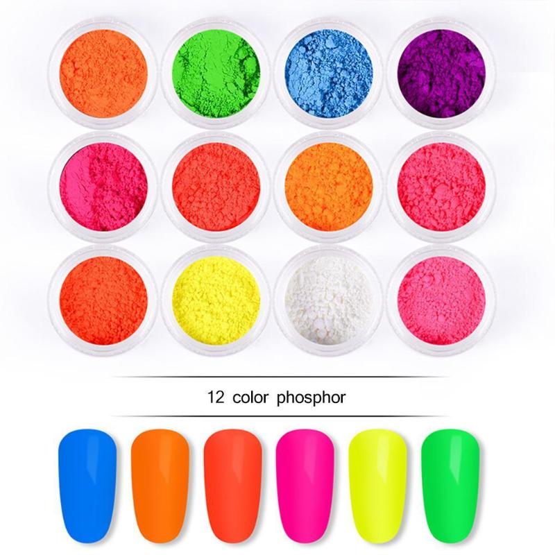 

12 Colors Neon Phosphor Luminous Powder Set Nail Glitter Powder Dust Pigment Fluorescent Glitters Nail Pigment Ultra R9V6