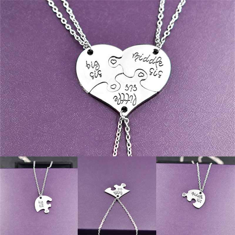

Trendy Necklace Broken Heart Pendant Puzzle Little Middle Big Sister Famly Chain 1set