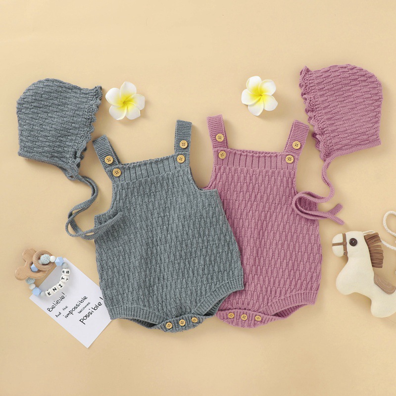 

NewBorn Autumn Baby Romper Baby Bodysuit Boys Girls Sleeveless Solid Color Rompers Knitted Jumpsuit Free Hat Kids Outfits