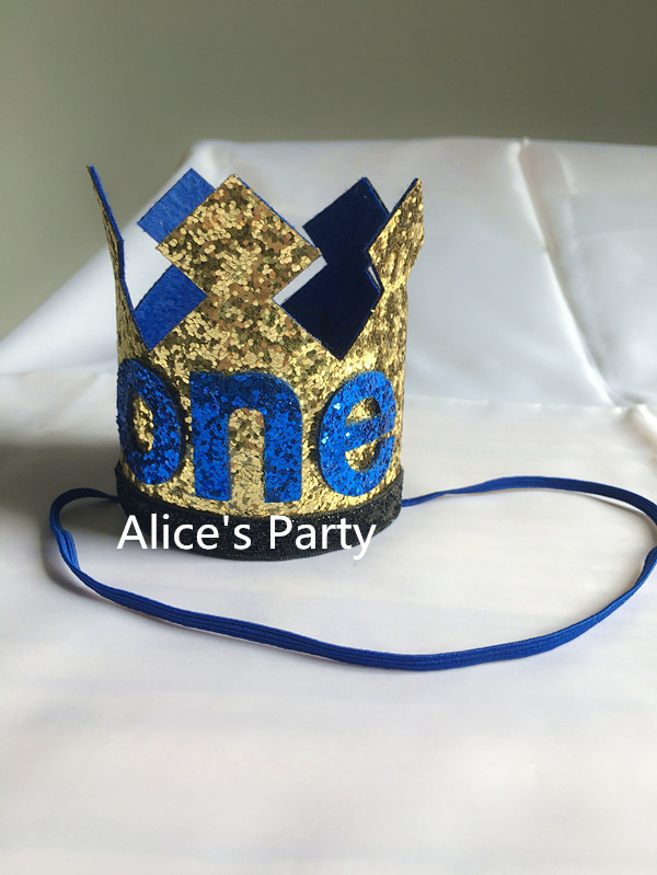 

Handmade Gold Crown Hat Prince Kids Birthday Party Decorations Royal Blue ONE Cake Smash Decor Boy First Party Favors Photo Prop
