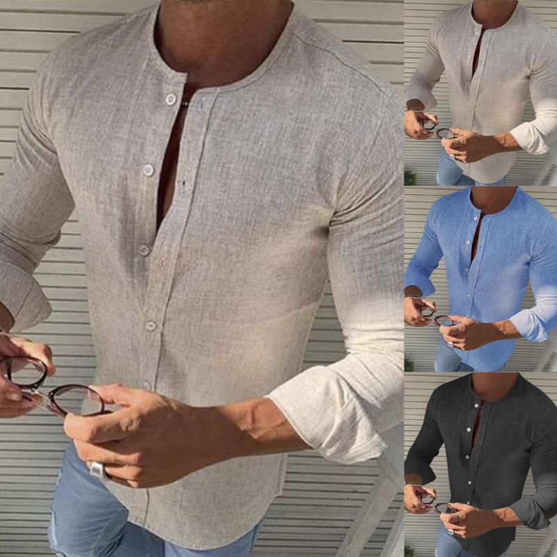 

Mens Fashion New Shirts Solid Color Round Collar Long Sleeve Fashion Casual Shirt Male Breathable Tops, Black