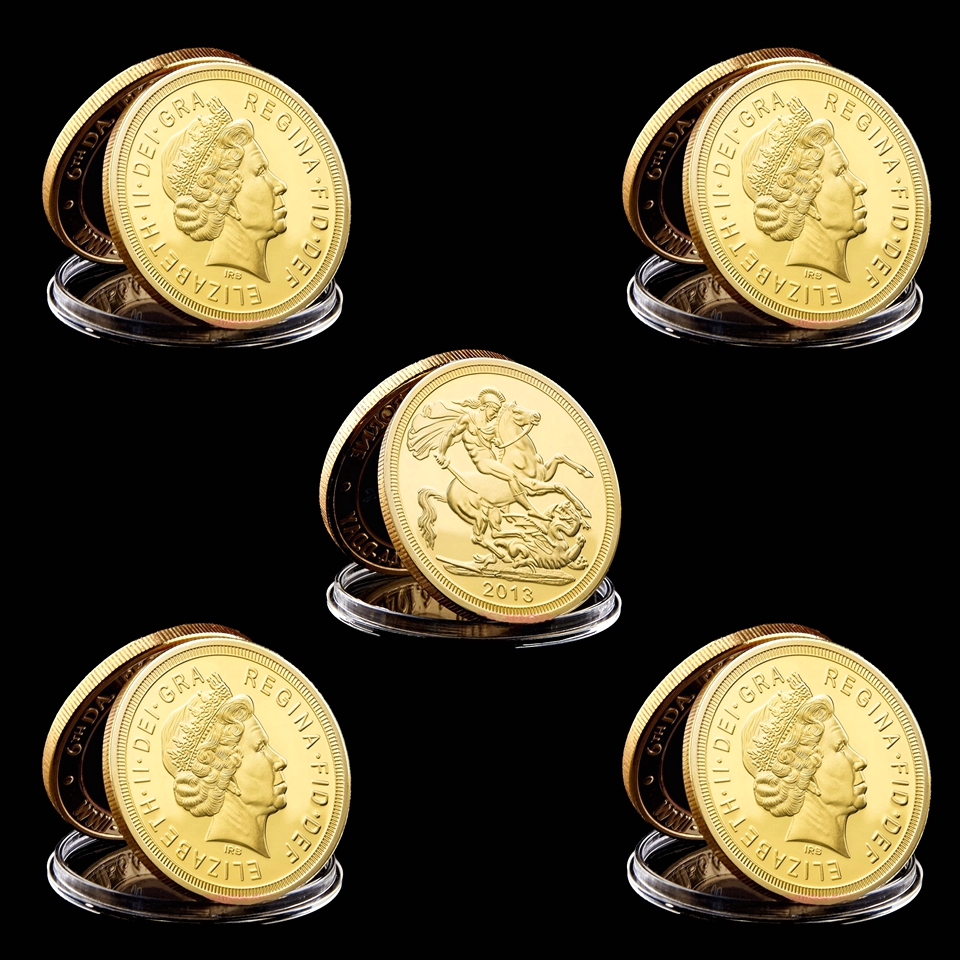 BRITISH FULL SOVEREIGN GOLD Craft KING GEORGE Elizabeth II UK 2013 Gold Plated Souvenir Coin-image-586677197