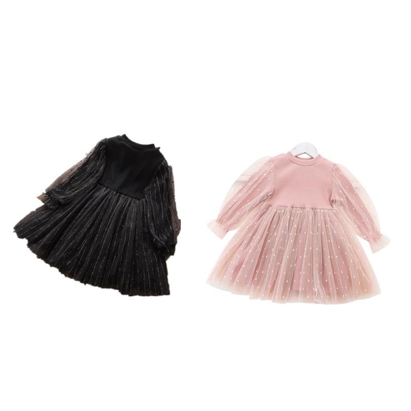 

CitgeeAutumn New Stylish Baby Girls Fashion Mesh Dress Round Neck Sweet Solid Color Puff Sleeve Children Dress