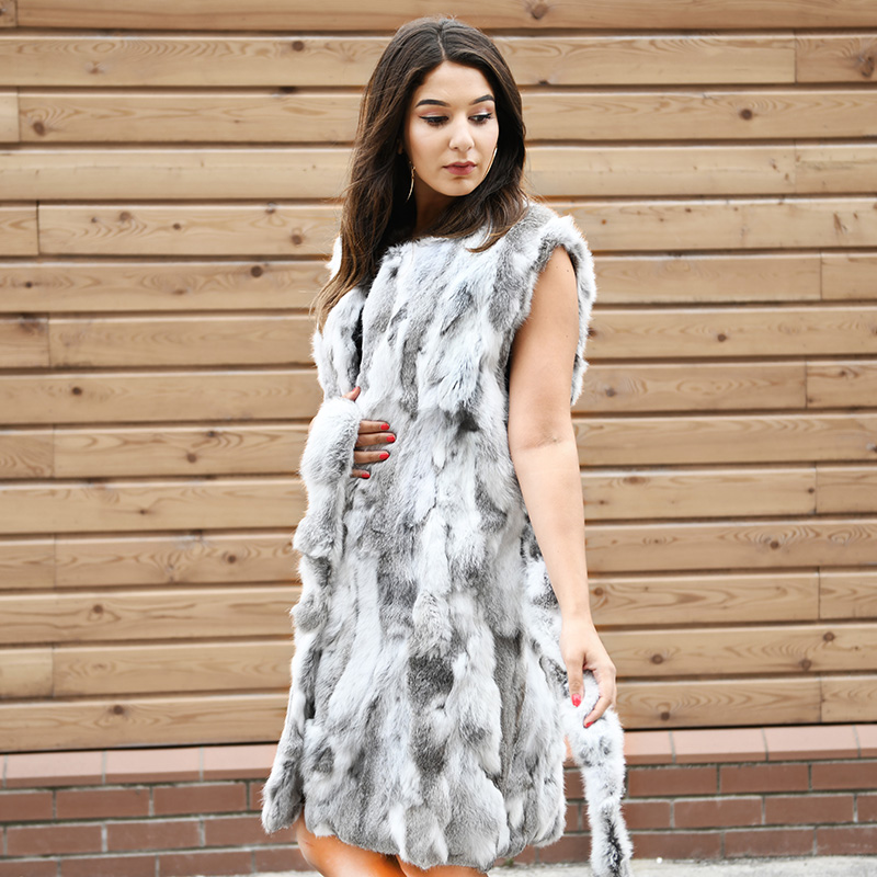 

CX-G-B-40B Women New Arrival Fur Coat Genuine Natural Fur Vest Winter with Belt, Black