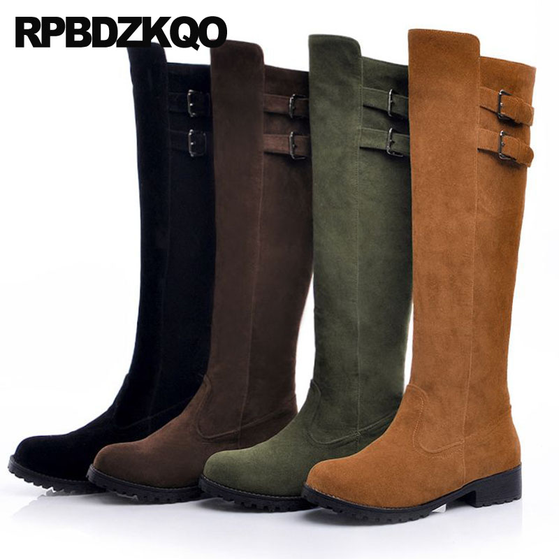 

Shoes Women Boots Winter 2020 Green Flat Belts Round Toe 10 Big Size Brand Long Biker Motorcycle Fur Suede European Knee High, Black