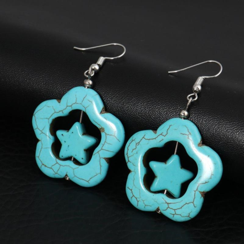 

Silver Plated Flower Hollow Star Point Green Turquoises Stone Dangle Earrings for Women Jewelry