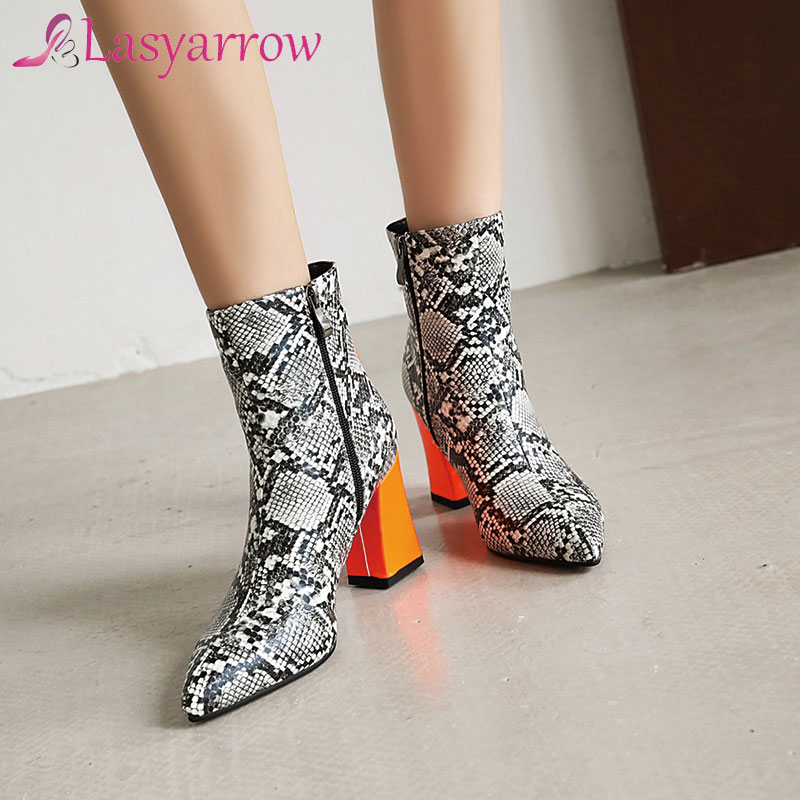 

Lasyarrow 2020 size 48 newest ankle boots women pointed toe snake mixed colors high heel boots European Style party shoes woman, Black