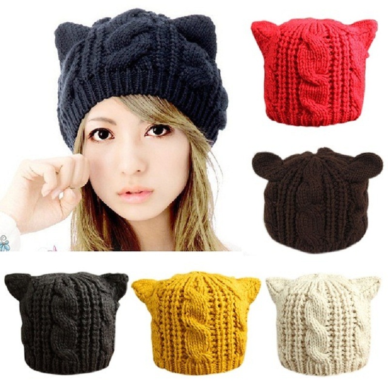 

2020 Devil Horns Cat Ears Hat Beanie Crochet Knit Cap Fashion Autumn Women Knitted Woolen Hats Girls Winter Beanies Warm Caps, Beige