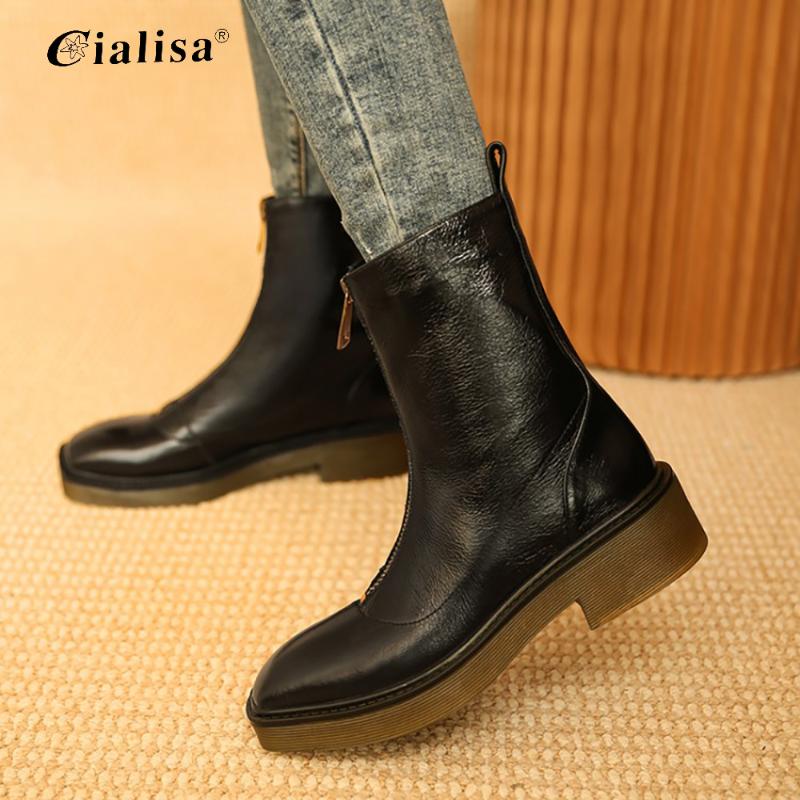 

CIALISA Women Women Boots Zipper Square Toe Fashion Autumn Winter White Woman Square Heels Boot Ankle, Black
